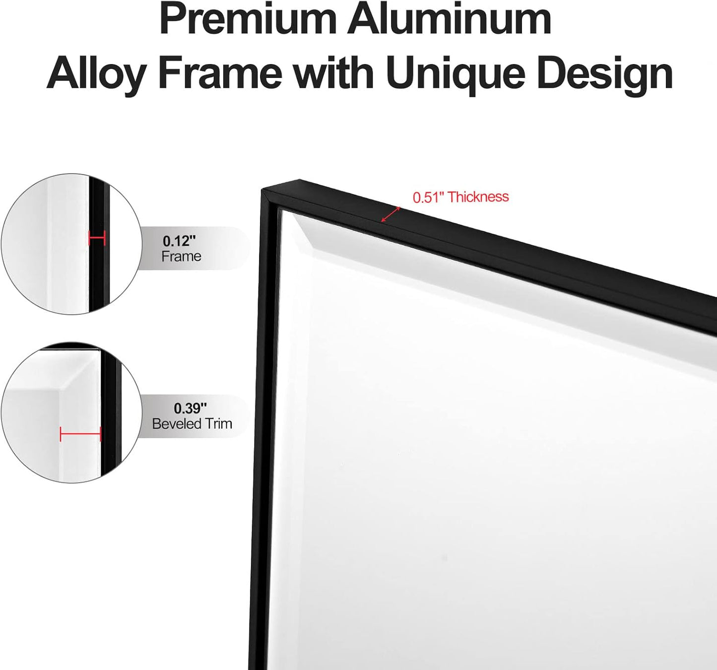 24x40 Inch Black Mirror with Beveled Trim, Aluminum Frame Bathroom Vanity Mirror, Copper-Free Mirror, Rectangle Wall Mounted Mirror, Modern Rectangular Mirror Horizontal or Vertical