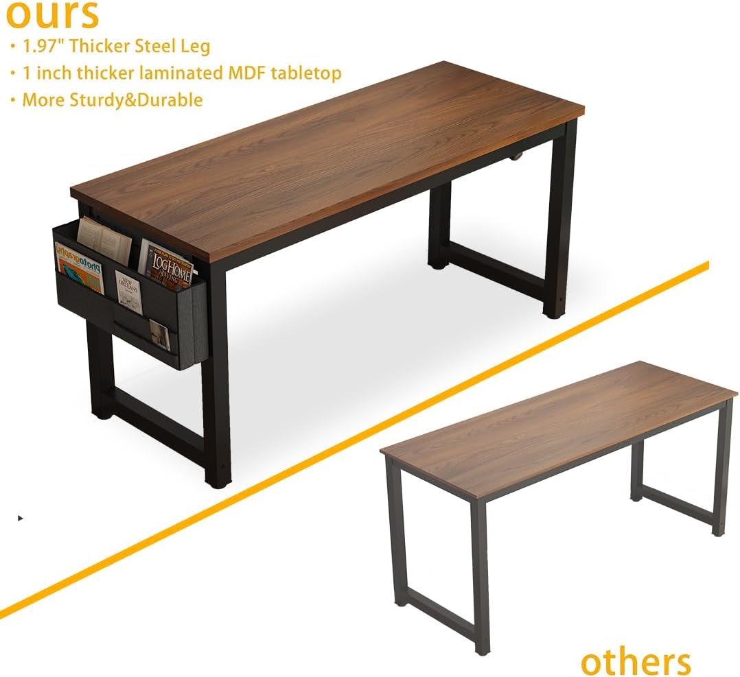 Large Computer Desk - 63 Inch Home Office Desks Study Student Writing Table Gaming Desk Wood Modern Simple Table with Storage Bag & Headphone Hooks, Brown