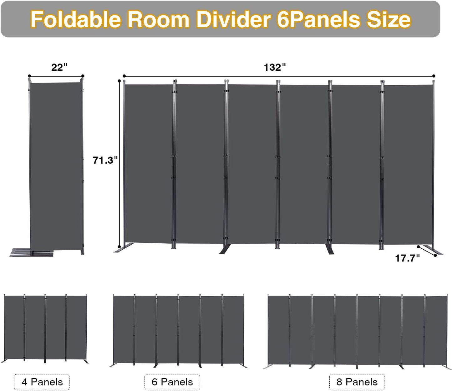 Room Divider, 6 Panel Folding Privacy Screens with Wider Support Feet, 6 Ft Portable Room Partition for Room Separator, 132" W X 71" H, Grey