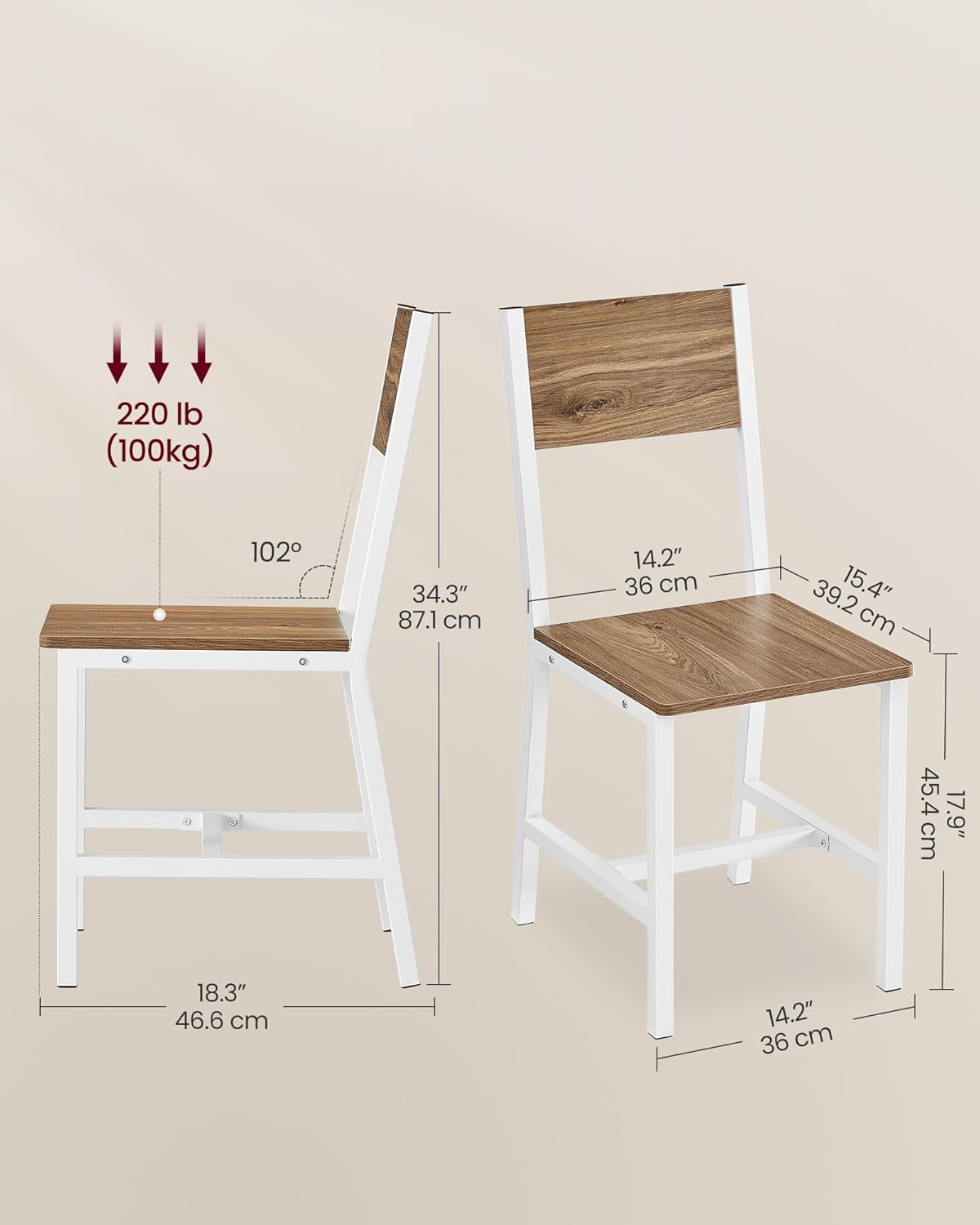 VASAGLE Dining Chair Set of 2, Rustic Wood Chairs with Metal Steel Frame, Easy to Assemble, Comfortable Seat, Modern Farmhouse Chair for Kitchen, Bedroom, Living Room, Wheat Brown and Cloud White
