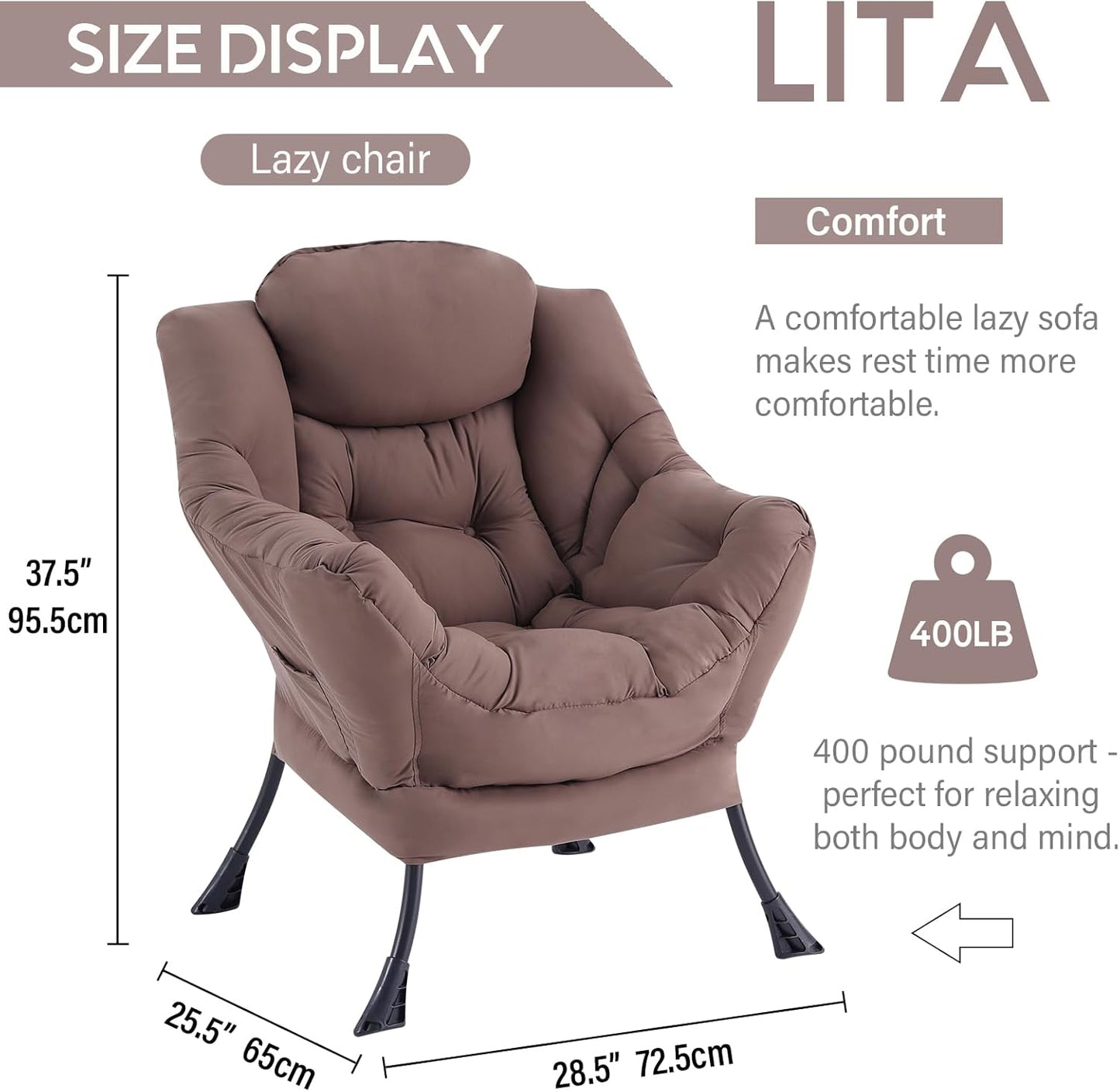 LITA Lazy Chair with Ottoman, Modern Accent Leisure Upholstered Sofa, Contemporary Lounge Reading Chair with Armrests and a Side Pocket for Living Room, Bedroom & Small Space, Single Dark Brown