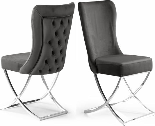 Ottomanson Royal Dining Chairs Set of 6 – Upholstered Tufted Microfiber, Assembled, Silver Metal Legs, Beech Wood Frame, 350 lb Capacity, Gray