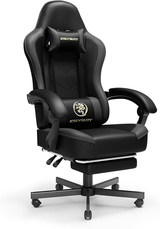 Gaming Chair for Adults with Footrest and Lumbar Support, Height Adjustable Game Chair with 360°-Swivel Seat and Headrest and for Office or Gaming (Black and Grey)