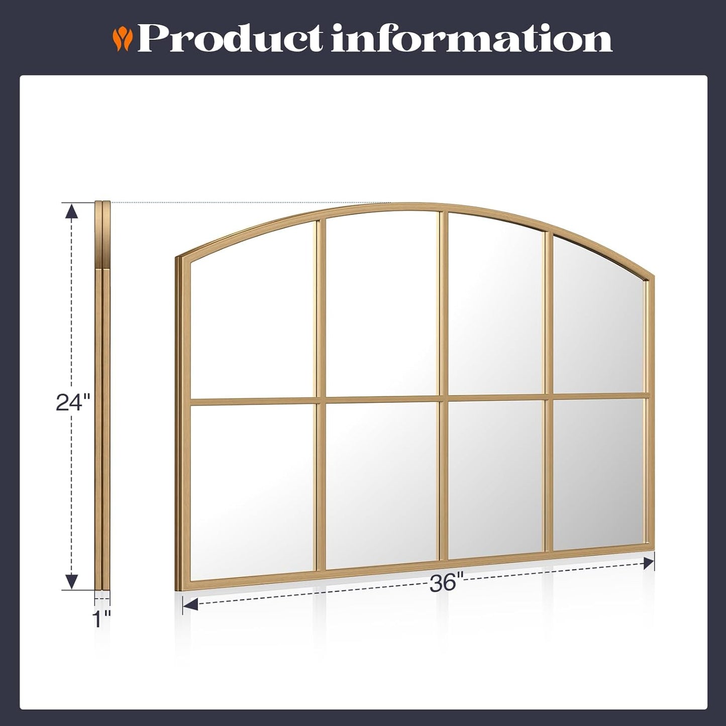 Wide Arched Mirror, 36" x 24" Gold Window Mirror, Antique Brass Farmhouse Mirrors for Living Room Dining Room Bedroom Fireplace Hallway Entryway