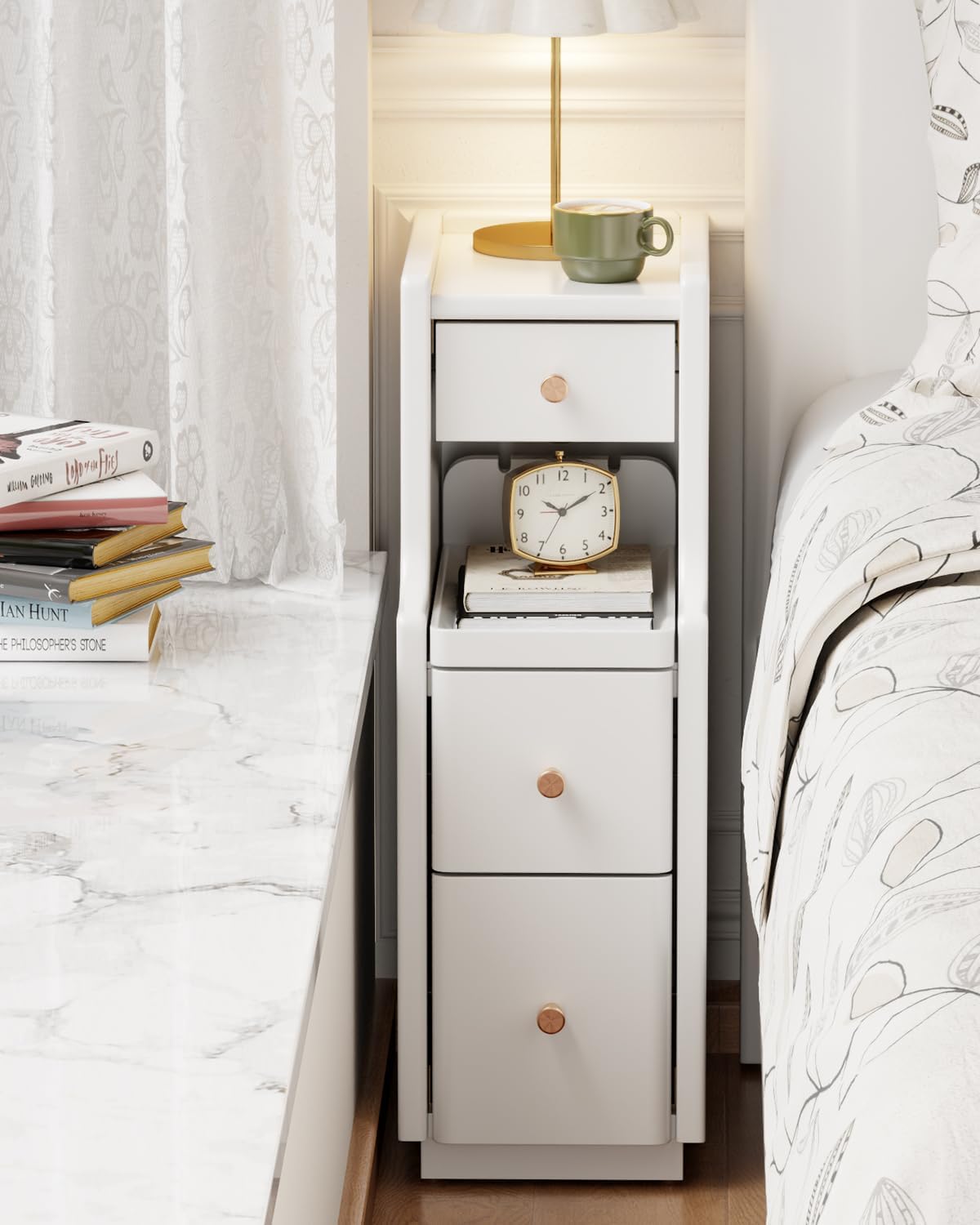 Narrow Nightstand with 3 Drawers,Solid Wood Small Nightstand White, Modern Small Bedside Tables for Bedroom(Fully Assembly)