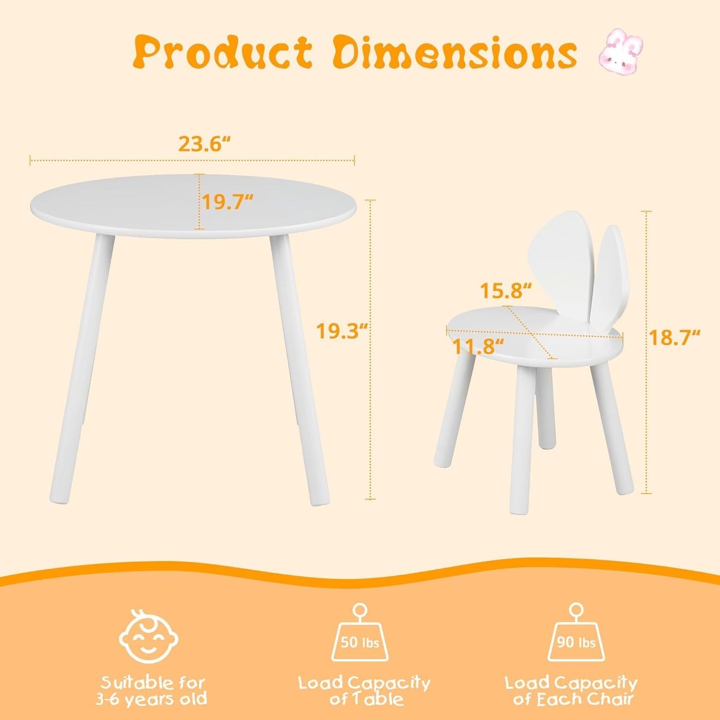 VECELO Kids Table and Chair Set, Wooden Oval Toddler Table with 2 Bunny Ear Chairs, Playroom Furniture for Drawing, Crafts, and Activities, Easy Assembly, Pure White