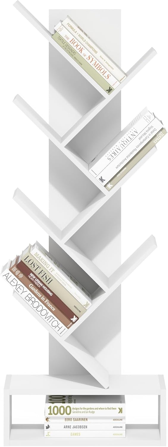 Furinno Tree Bookshelf 7-Tier Floor Standing Tree Bookcase with Bottom Shelf, White