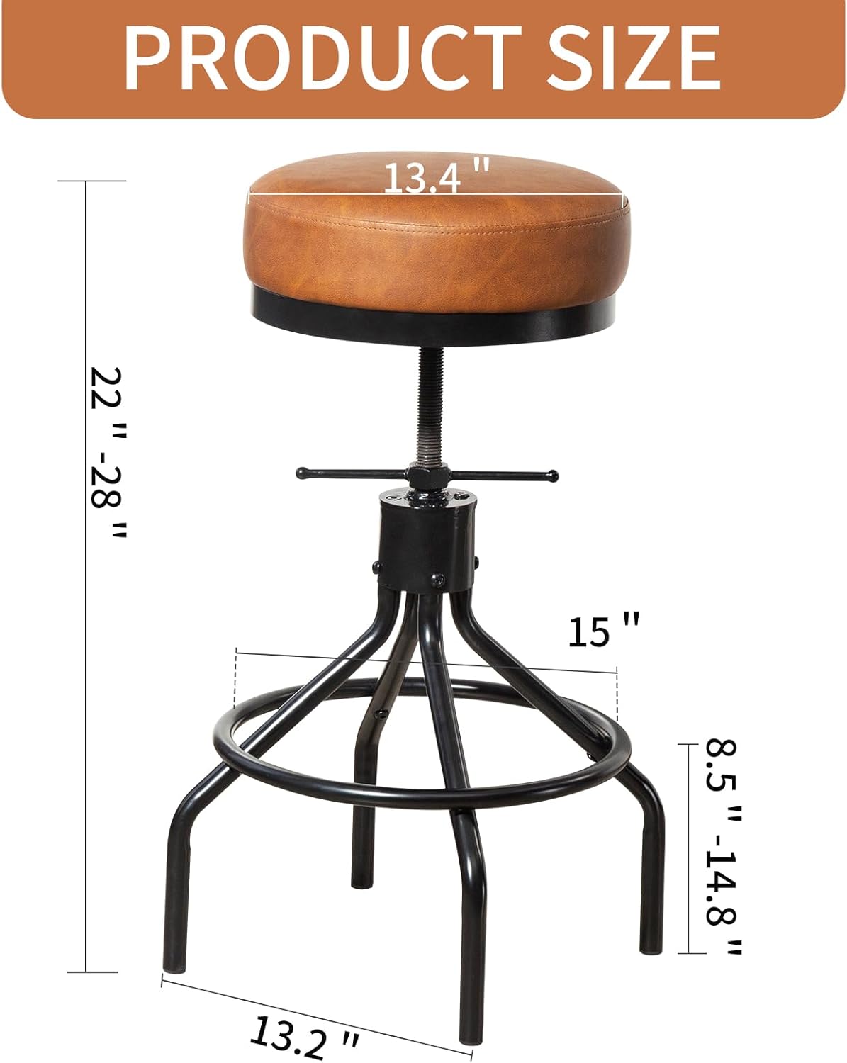Industrial Bar Stools Set of 3 Adjustable Swivel Barstools Modern PU Leather 28inch Round Backless Counter Height Stool Metal Bar Chair for Kitchen Island (3, Brown)