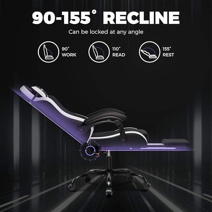 GTPLAYER Gaming Chair, Computer Gaming Chairs for Adults with Footrest, Height Adjustable PC Game Chair with 90-155° Recline & Removable Headrest Lumbar Support, Black-White