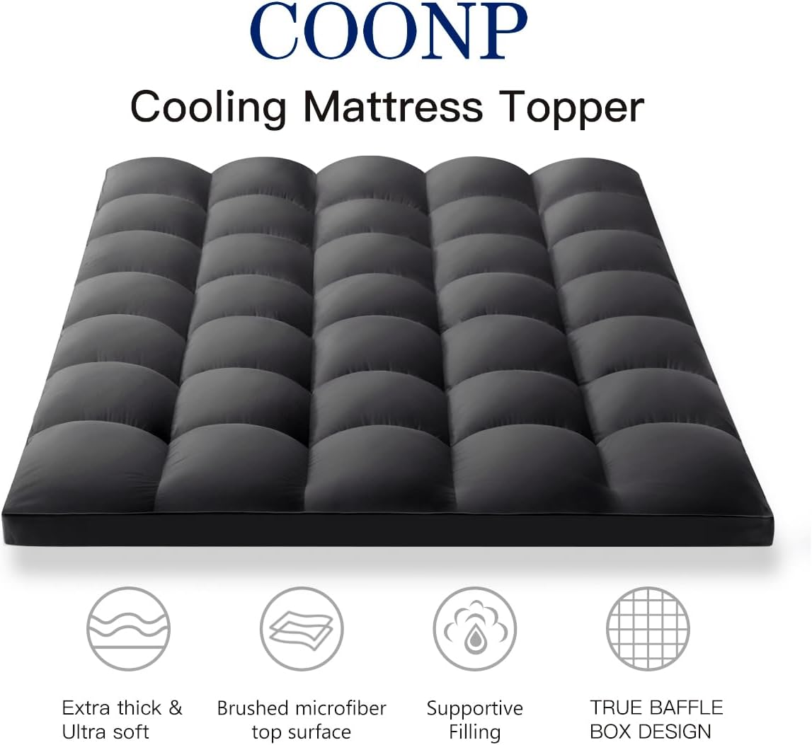 COONP Twin Mattress Topper, Extra Thick Pillowtop, Cooling Plush Mattress Pad Cover Bed Topper Protector with 8-21 Inch Deep Pocket (Black, Twin)