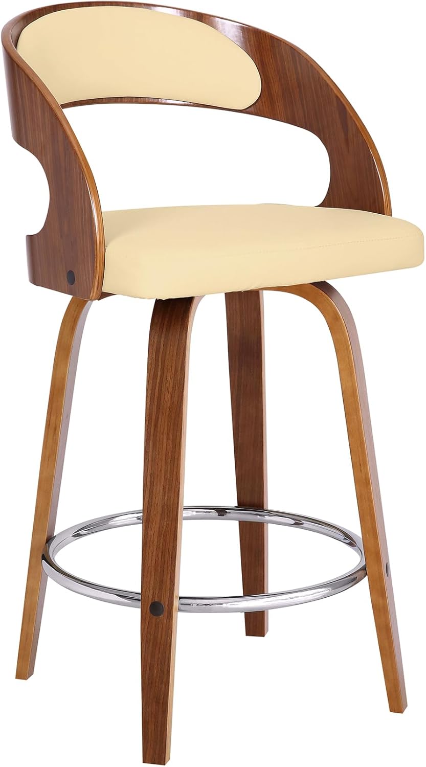 Armen Living Shelly 26" Counter Height Swivel Cream Faux Leather and Walnut Wood Bar Stool - Set of 4