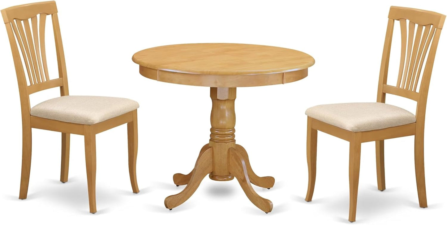 East West Furniture ANAV3-OAK-C 3 Piece Dining Room Table Set Contains a Round Wooden Table with Pedestal and 2 Linen Fabric Kitchen Dining Chairs, 36x36 Inch, Oak