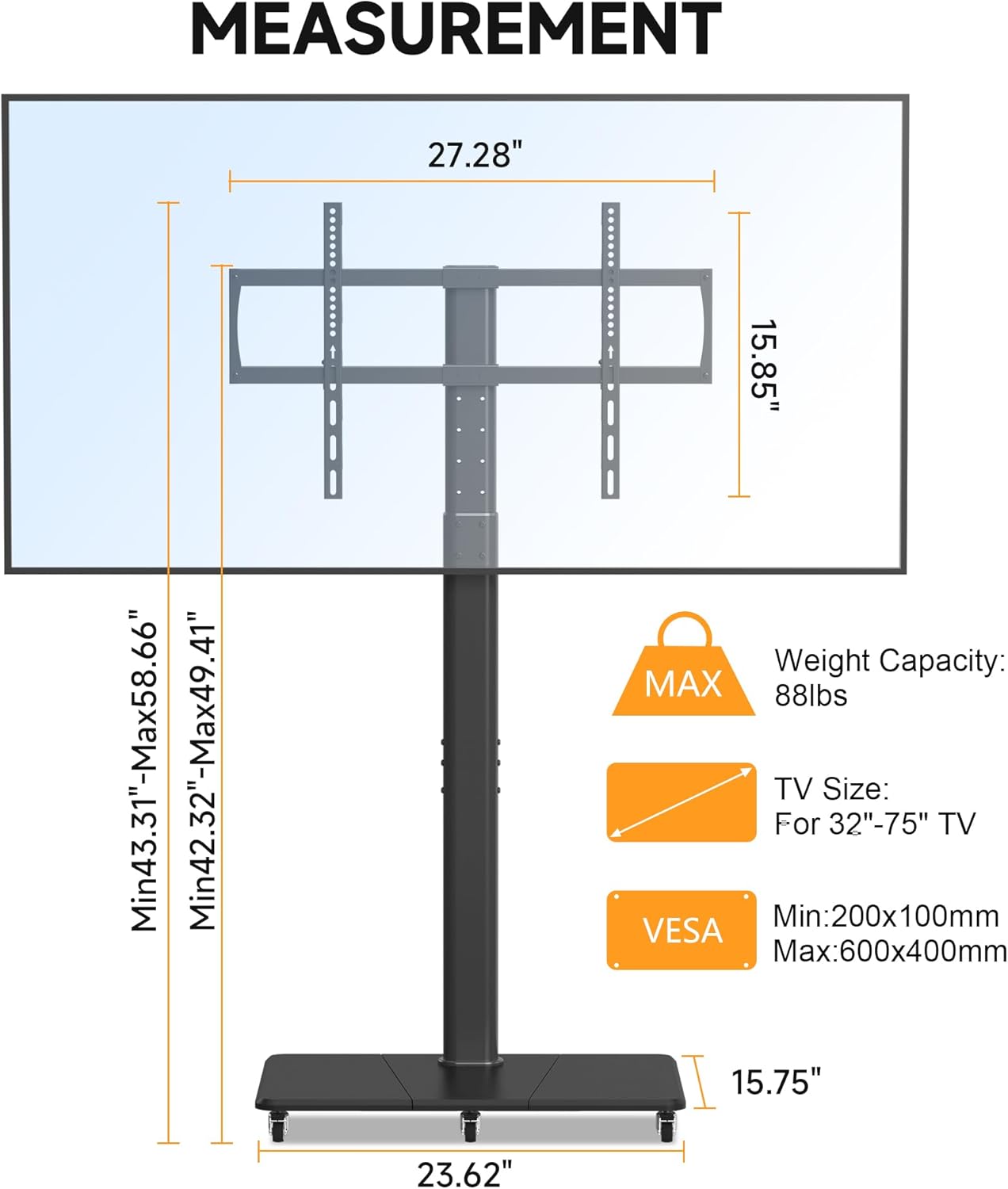 Tall Floor TV Stand for 32-75" TV Portable Rolling TV Cart with Wheels Height Adjustable with Wood Base, Holds up to 88 lbs, Max VESA 600x400mm TS005HB