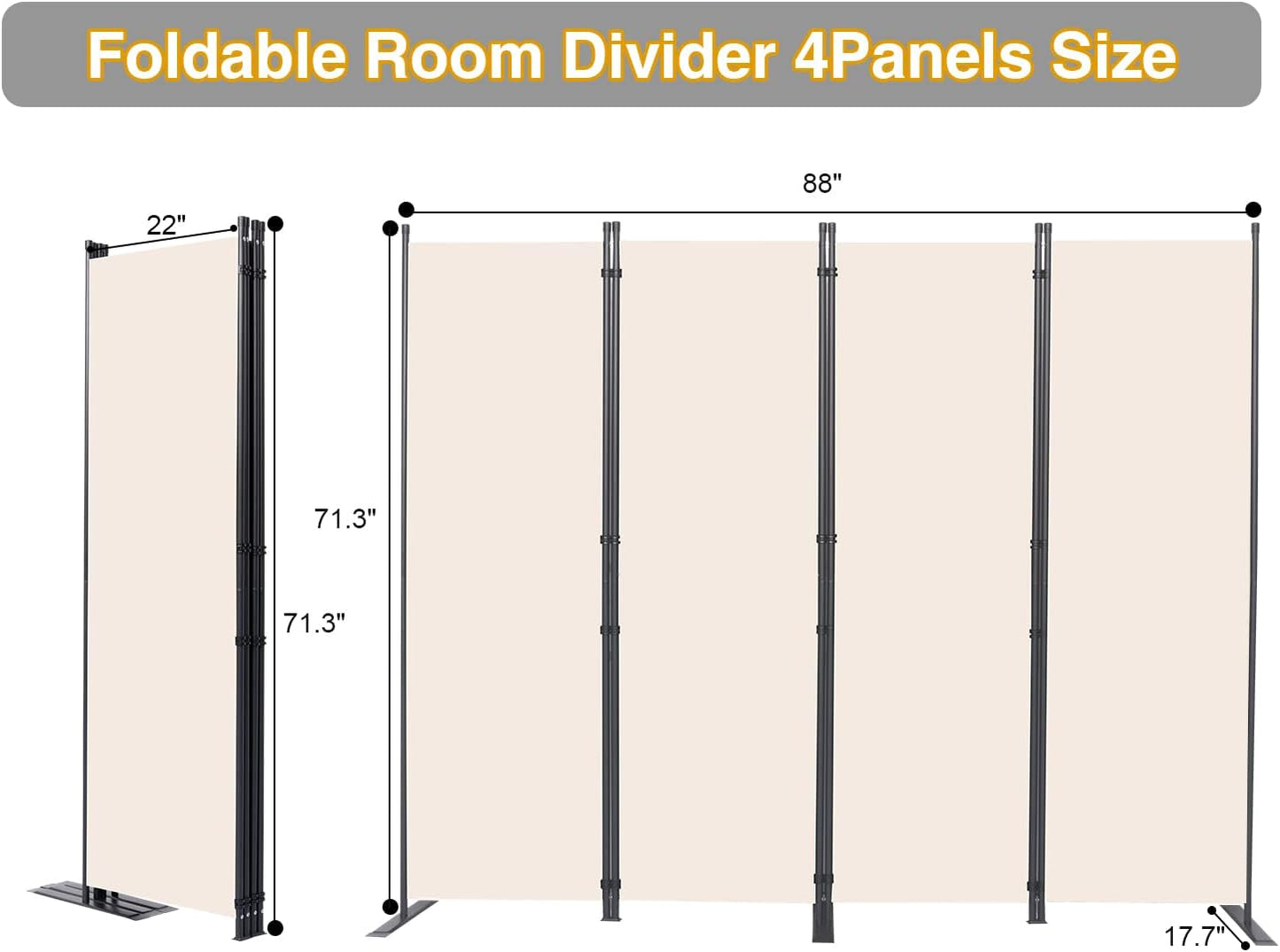 Room Divider, 4 Panel Folding Privacy Screens with Wider Support Feet, 6 Ft Portable Room Partition for Room Separator, 88" W X 71" H, Beige