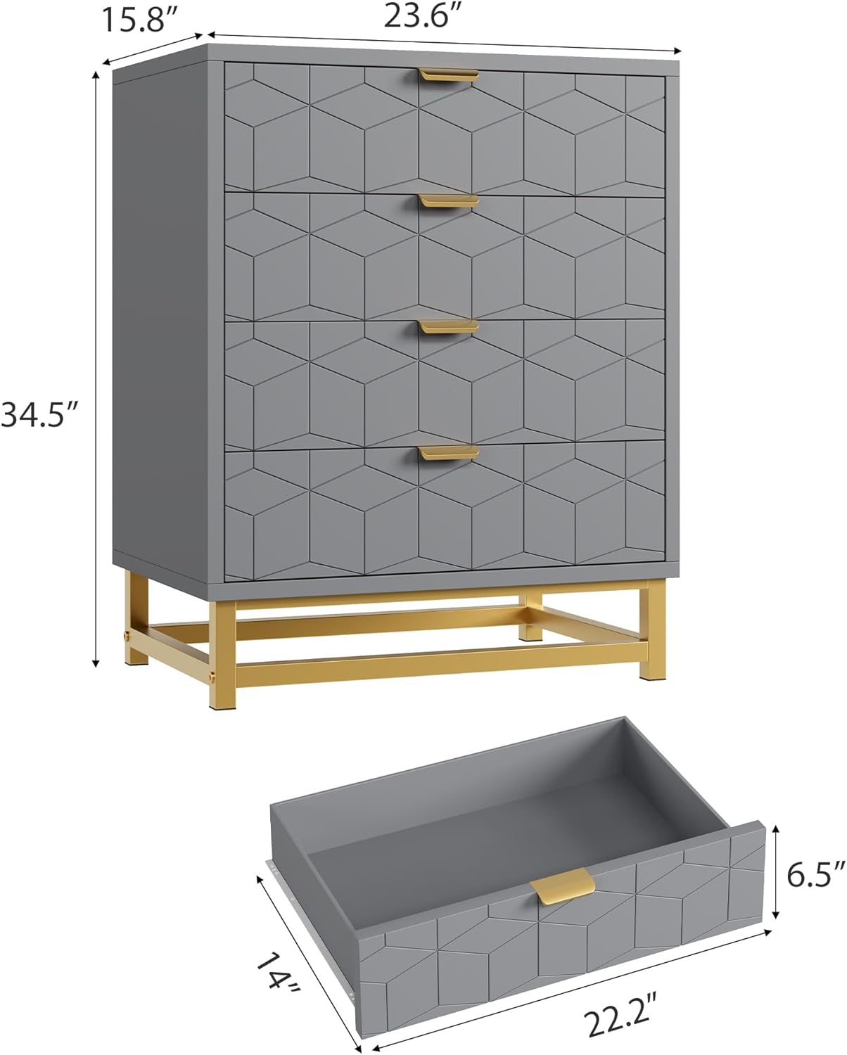 Grey Dresser, 4 Drawer Dresser for Bedroom, Modern Dressers with Gold Metal Handles for Living Room, Hallway, Entryway