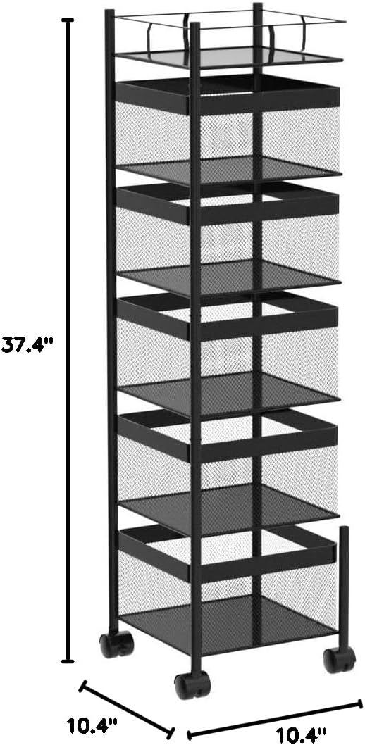 Fruit and Vegetable Basket for Kitchen No Assembly， Rotating Storage Rack,Bathroom Storage Shelf, Kitchen Organizers and Storage Cart on Rolling Wheels(Black, 5 Tier-Square)