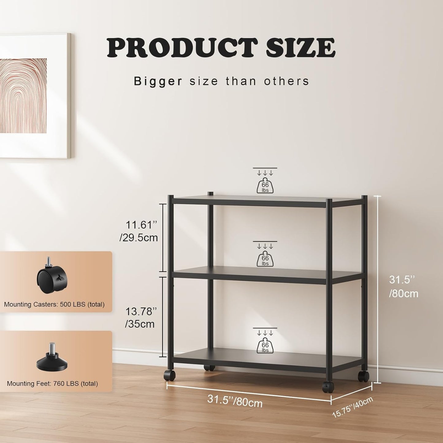 ZZL 3 Tier Small Bookshelf 31.49" Width,Metal Bookcase w/Wheels,Industrial Book Shelves for Home Office,Bedroom,School,Living Room(Black)