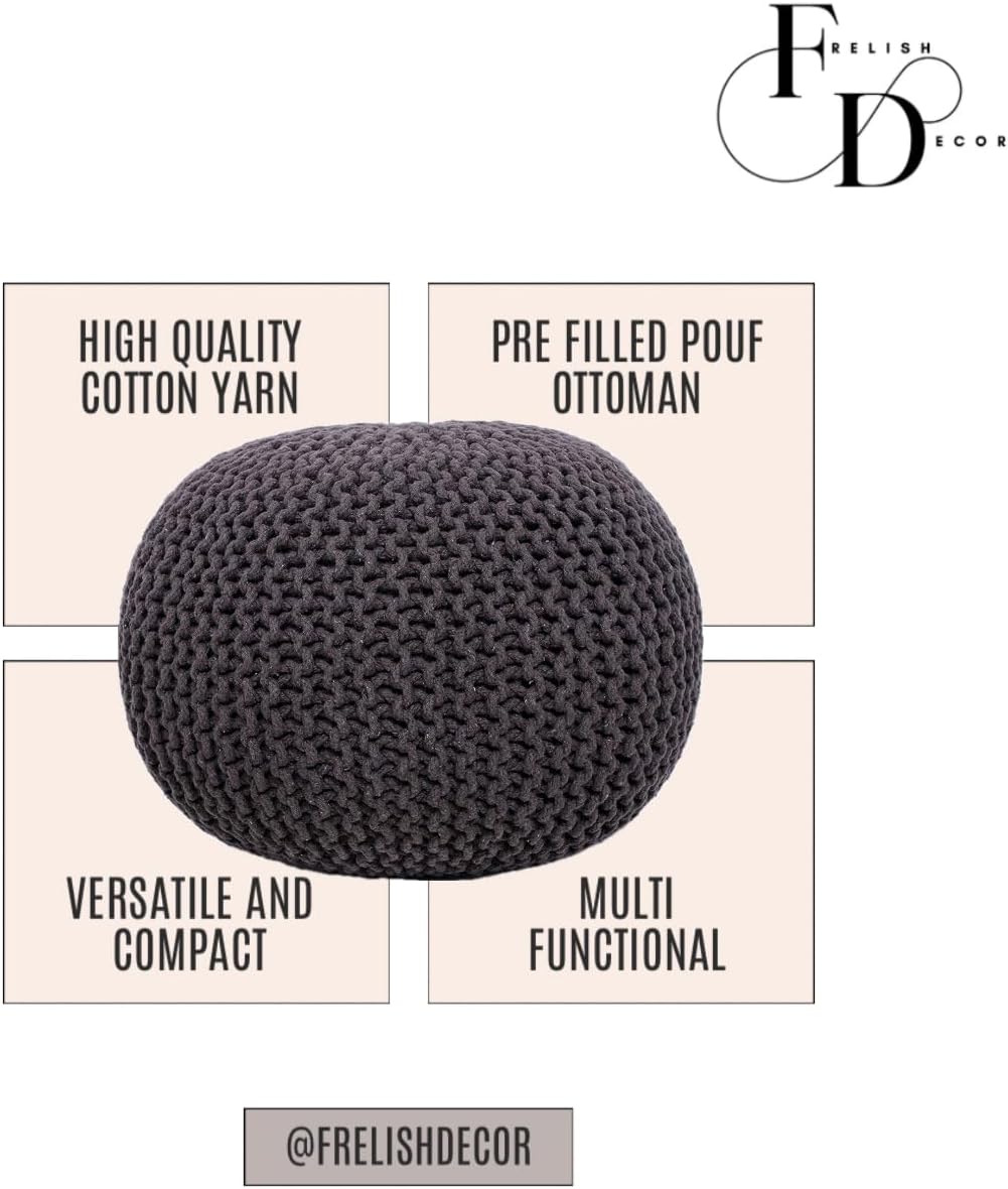 FRELISH DECOR Round Pouf Ottoman Hand Knitted 100% Cotton Pouf Foot Stool - Knitted Bean Bag - Floor Chair for Living Room Bedroom - Foot Rest for Couch (20 Diameter x 14 Height) - Brown