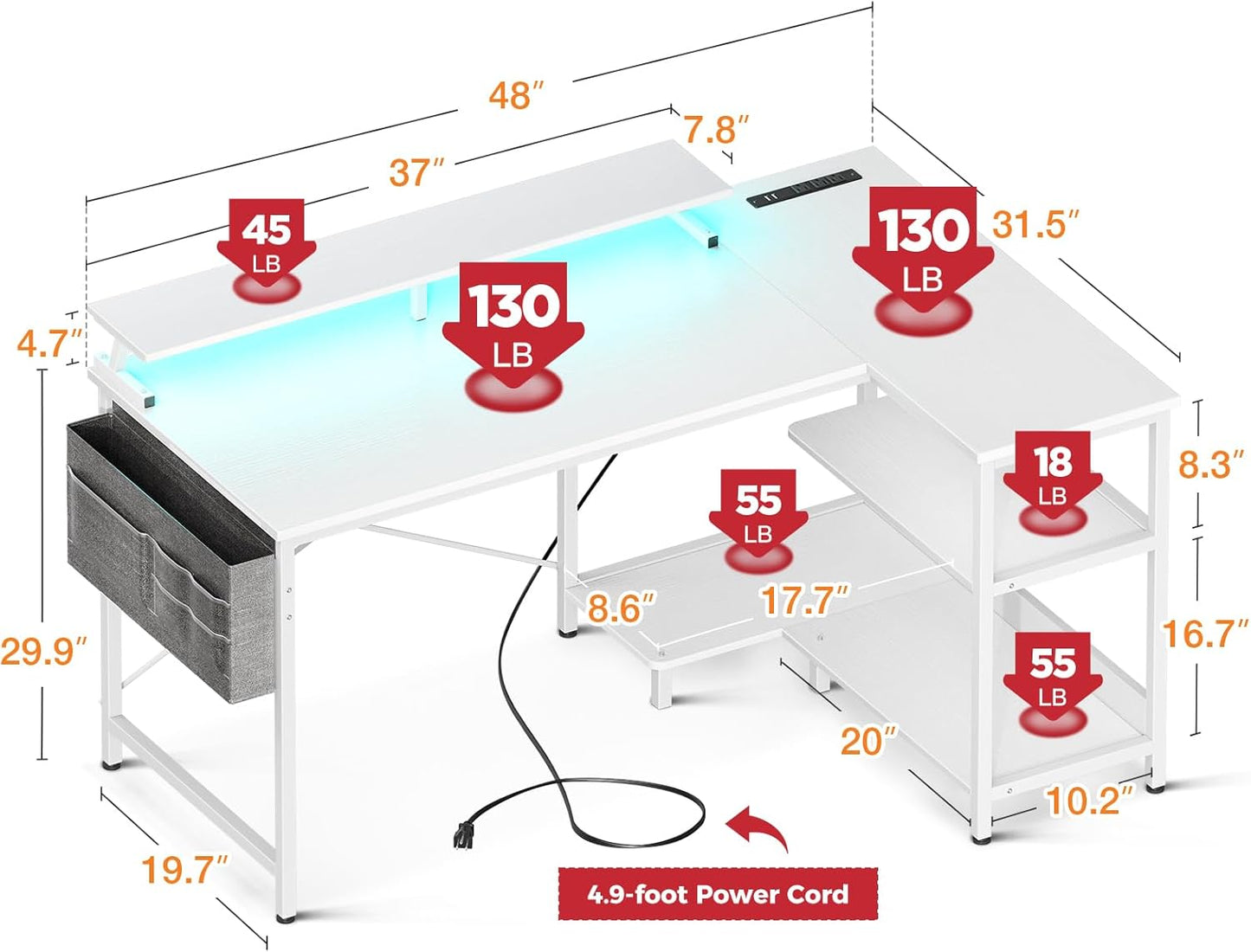 ODK 48 Inch Gaming Desk with USB Charging Ports and LED Lights, Reversible L Shaped Computer Desk with Storage Shelves & Monitor Stand, Corner Home Office Desk Table with Power Outlets, White