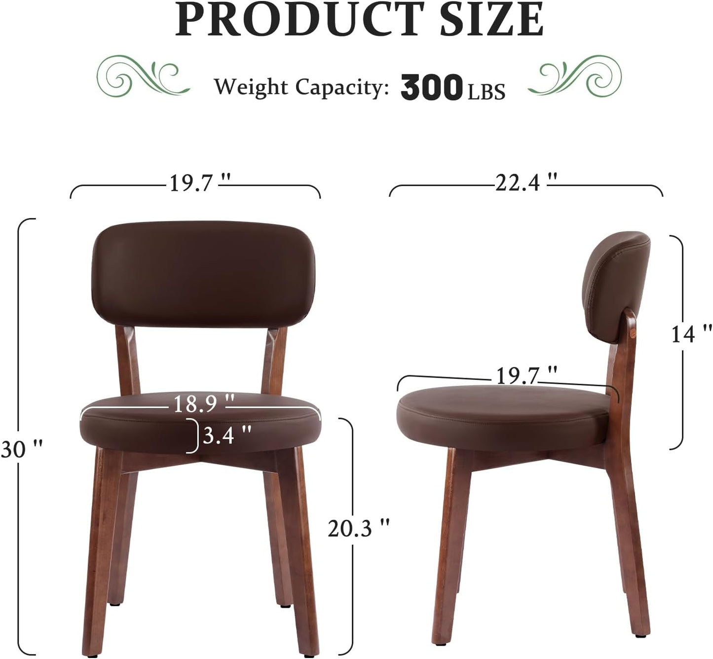 Furniliving Wooden Dining Chairs Set of 4, Mid-Century Modern Leather Upholstered Kitchen Chair with Solid Oak Wood, Farmhouse Dining Room Chairs, Brown