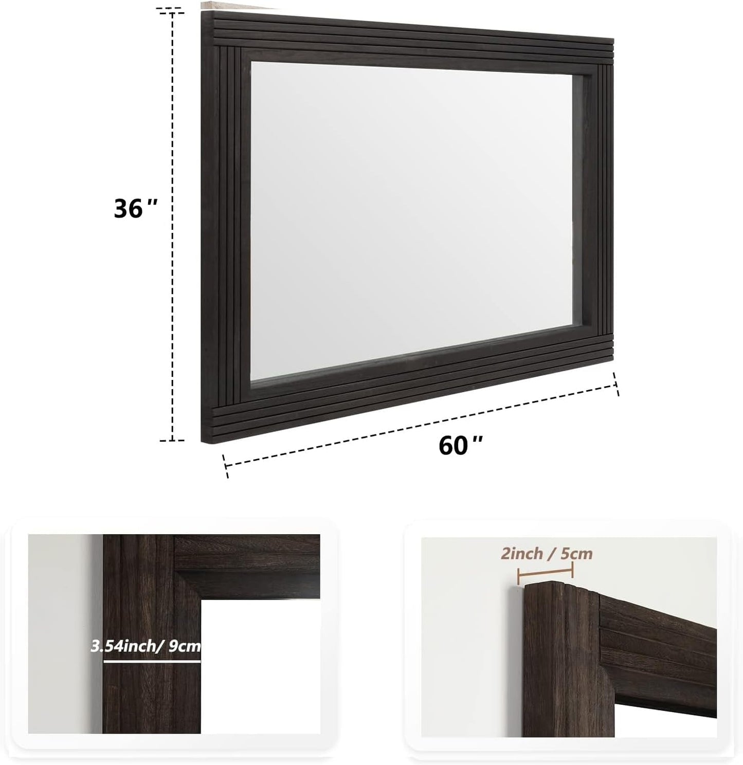 YOSHOOT Hand-Made Wooden Spliced Wall Mirror for Bathroom, Rustic Farmhouse Vanity Mirror, Décor Wall Art, Solid Wood Frame, Vertical or Horizontal Hanging, 60" x 36", Black