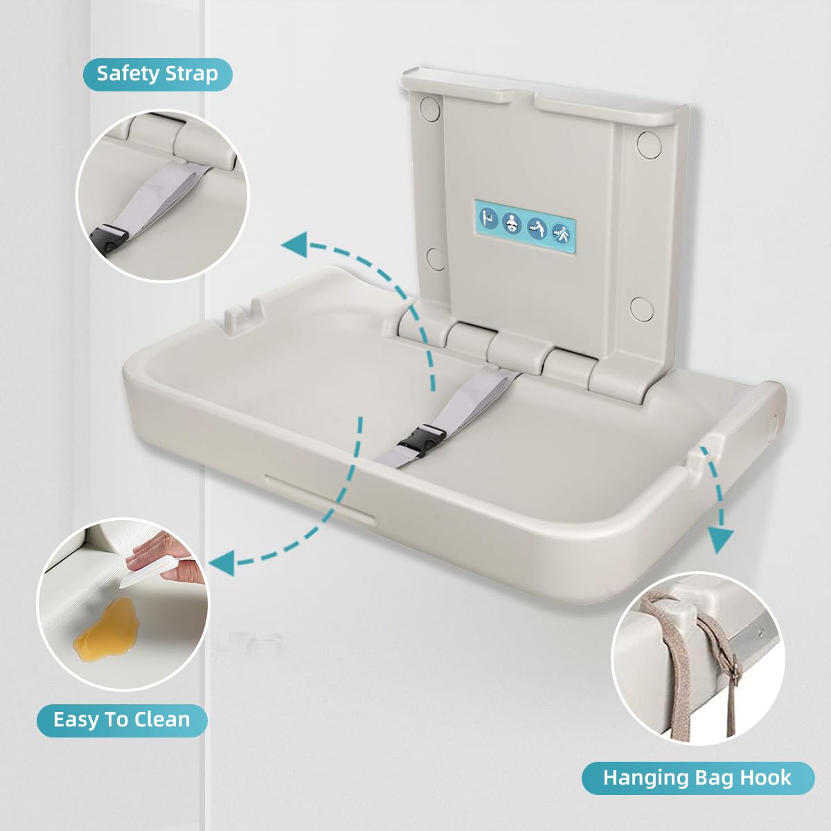 Fold Down Baby Changing Station Wall Mount Horizontal Baby Change Table with Safety Straps for Commercial Restrooms (2 White Granite)