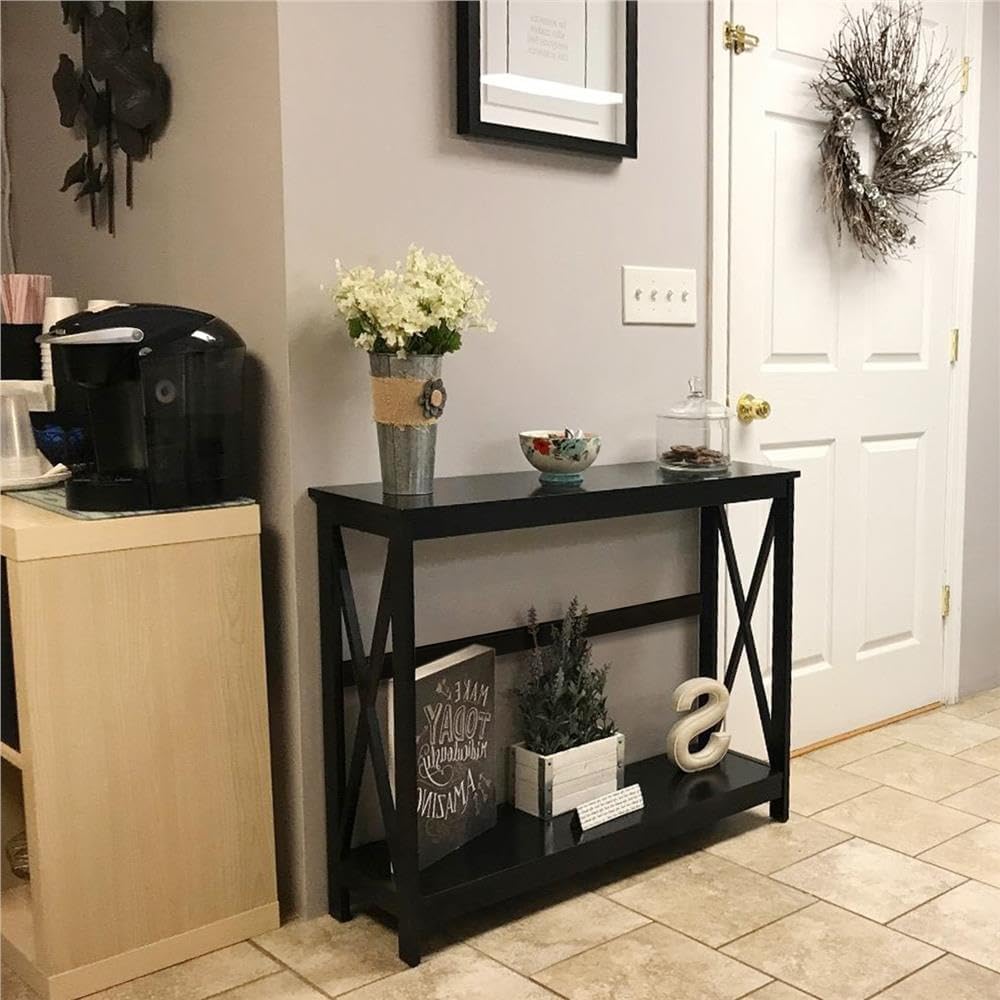 Yaheetech Console Table for Entryway, 2 Tier Entryway Table Bookshelf Accent Table w/Storage Shelf Living Room Entry Hall Foyer Table Furniture, Black,X-Design