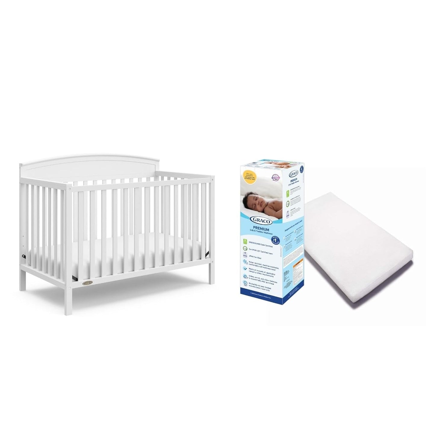Graco Benton 5 in 1 Convertible Crib (GREENGUARD Gold Certified) with Premium Foam Crib and Toddler Mattress Included - White, Converts from Baby Crib to Toddler Bed, Daybed and Full-Size Bed