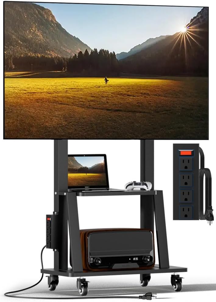 Rolling TV Stand with Power Outlet, Mobile TV Stand on Wheels for 32-75 inch TV, Height Adjustable Portable Black TV Cart, Holds up to 130LBS, Vesa 600×400mm