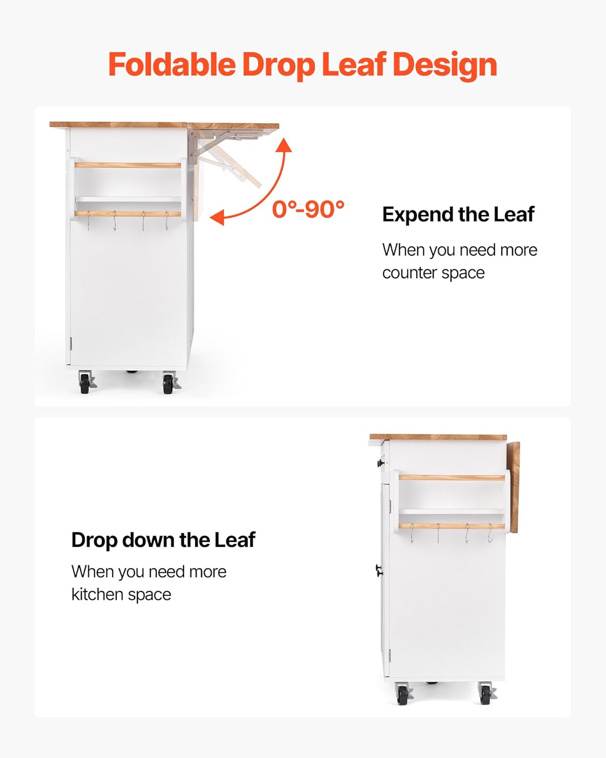 VEVOR Kitchen Island Cart, with Solid Wood Top and Storage Cabinet, Mobile Rolling Table with Drop Leaf, Drawers, Spice Towel Rack, Portable Islands on Swivel Wheels for Dining Room, 52in Width, White