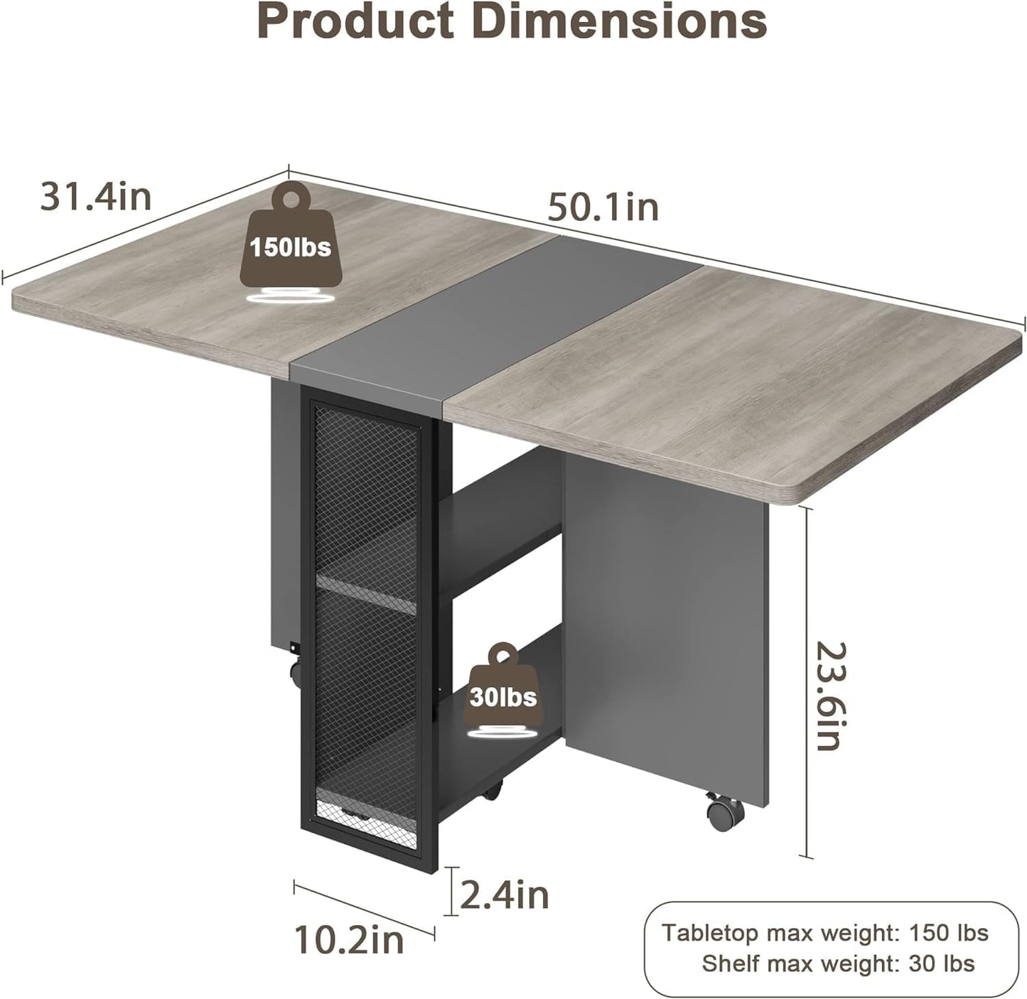 GarveeHome Folding Dining Table, Space Saving Farmhouse Dining Table for 4 Storage Shelf, 6 Wheels Multipose Expandable Kitchen Drop Leaf Table for Small Space (Carlo Grey, 50.1"D x 31.4"W x 29.5"H)