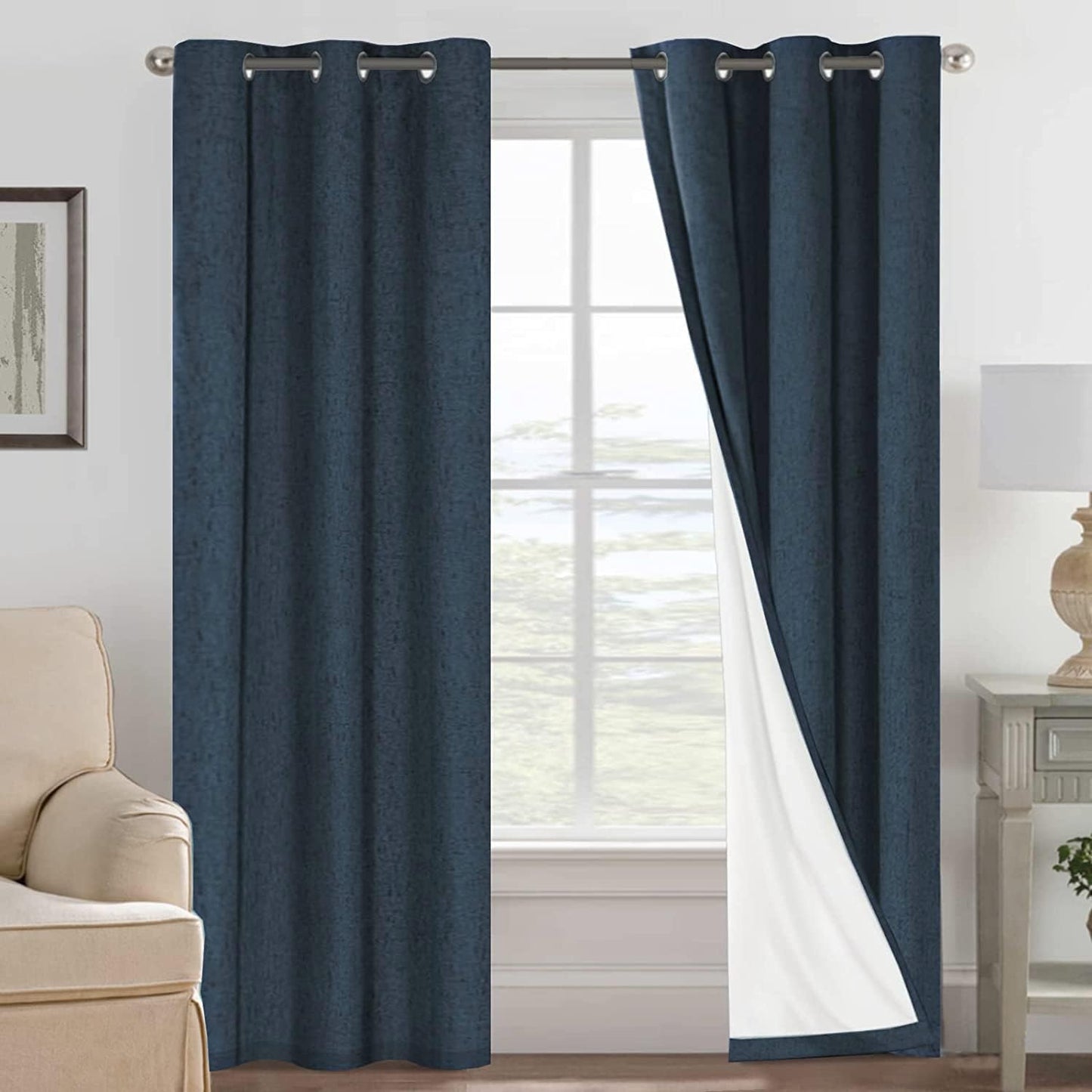 H.VERSAILTEX Primitive Linen Blackout Curtains with Burlap Fabric and White Thermal Insulated Liner, Grommet Top Curtains for Living Room/Bedroom (2 Panels, 42 x 84 Inch, Navy)