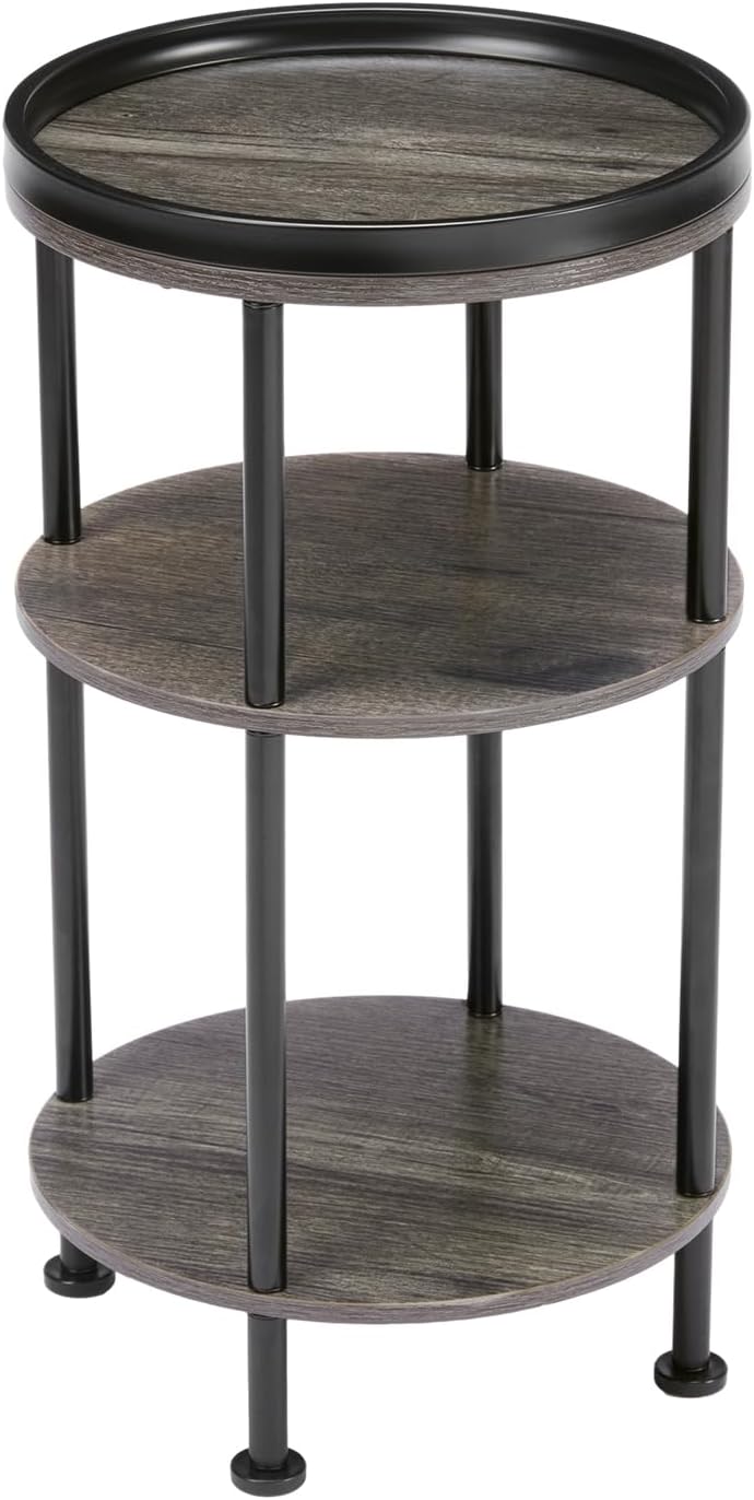 Small Round Side Table for Small Spaces, 3-Tier Round Accent Table Slim Side Table, Modern Sofa Corner Table for Living Room Nightstand Bedroom (Grey)