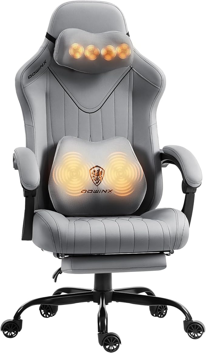 Dowinx Gaming Video Gaming Chair with Shiatsu Neck Massage and Lumbar Support for Home Office High Back Recliner Height Adjustable Ergonomic Comfy Leather Computer Desk Chair (Grey)
