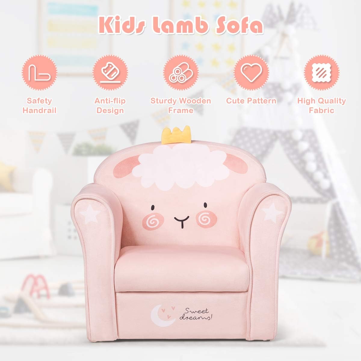 Costzon Kids Couch, Children's Sofa Armrest Chair with Pattern, Toddler Furniture w/Sturdy Wood Construction, Preschool, Lightweight Kids Couch Sofa Chair for Aged 1-5 Boys & Girls Gifts, Lamb