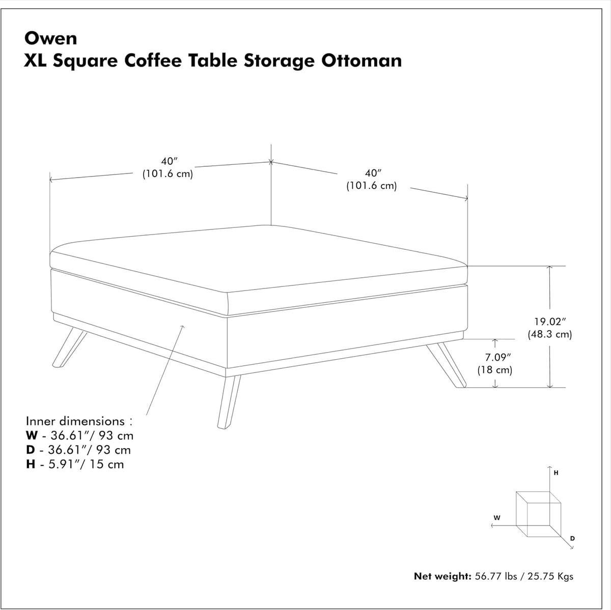 SIMPLIHOME Owen 40 inch Wide Mid Century Modern Square XL Coffee Table Storage Ottoman in Distressed Black Vegan Faux Leather, Assembled, for The Living Room, Entryway and Family Room