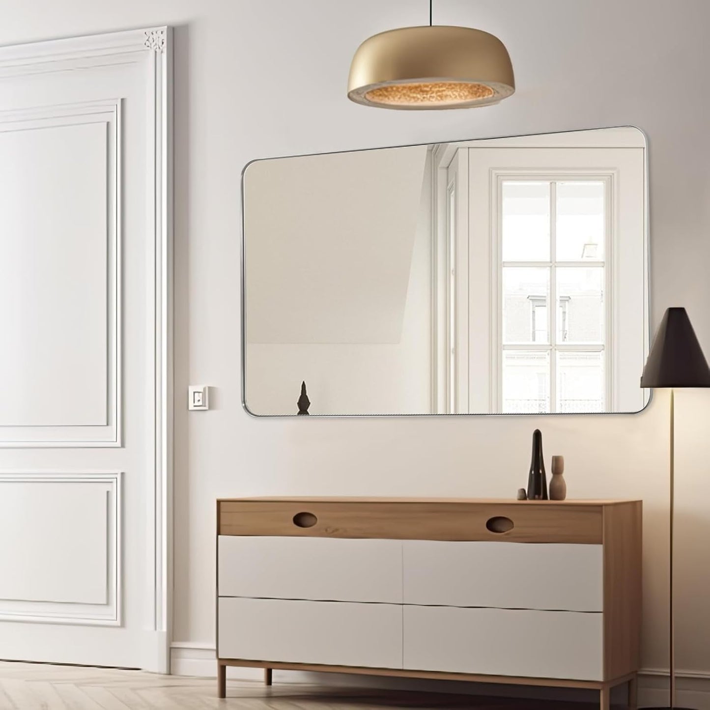 Silver Wall Mirror, 30x48 Inch Rounded Rectangle Vanity Mirror for Bathroom, Anti-Rust, Shatterproof, Farmhouse Wall Mounted Horizontal/Vertical