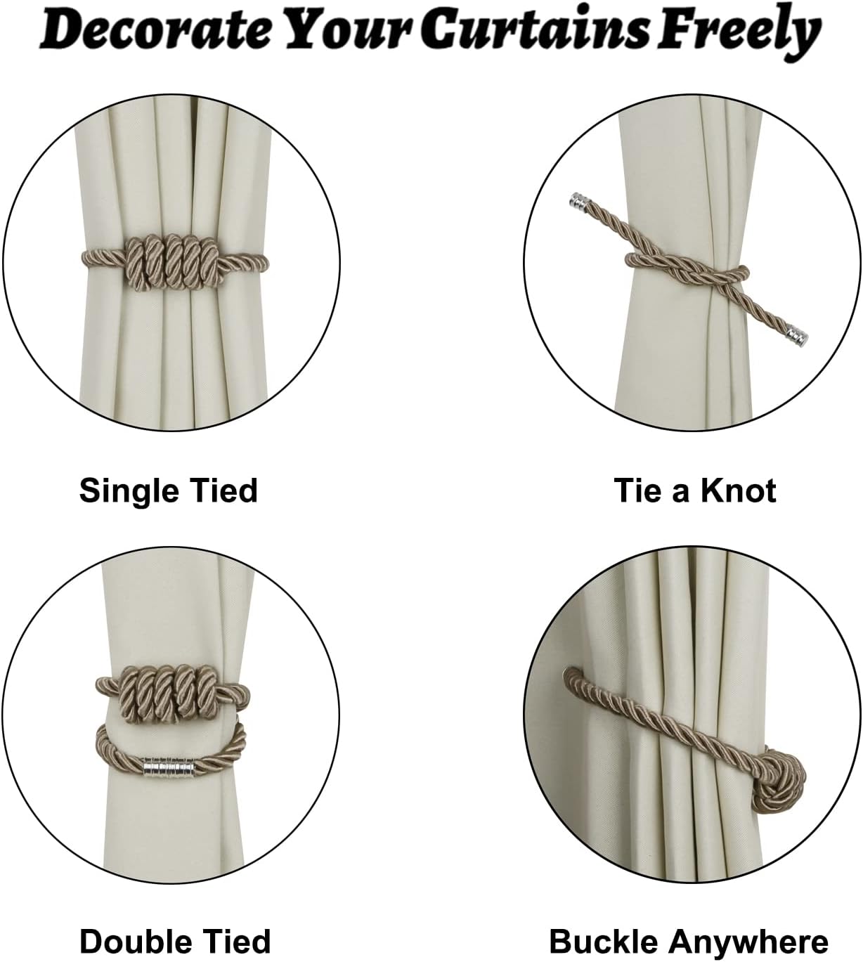 BEL AVENIR Magnetic Curtain Tiebacks, Decorative Drapery Holdbacks Modern Woven Tie-Backs with Exquisite Knot (Flaxen, 2 Pack)