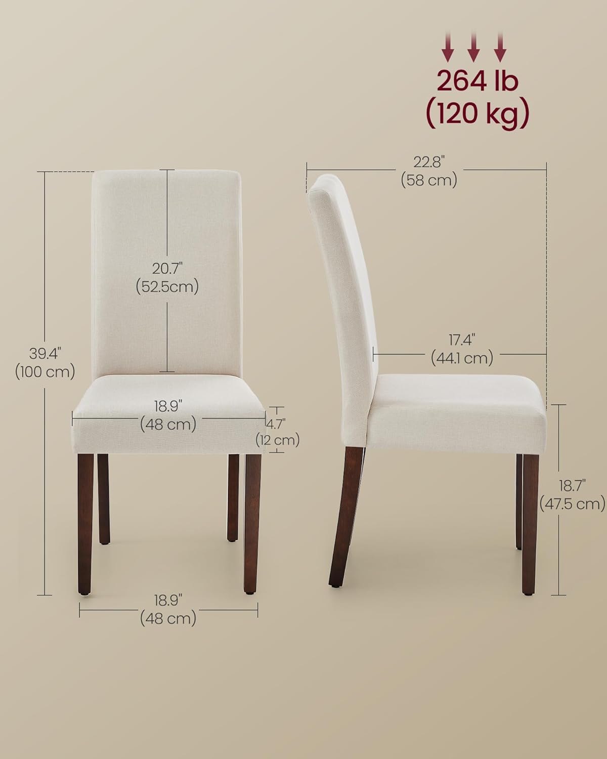 VASAGLE Dining Chairs, Parsons Chairs with Removable Fabric Cover, High Back, for Dining Room Kitchen, Set of 2, Thick Seat, 22.8 x 18.9 x 39.4 Inches, Cream White UKDC152W01