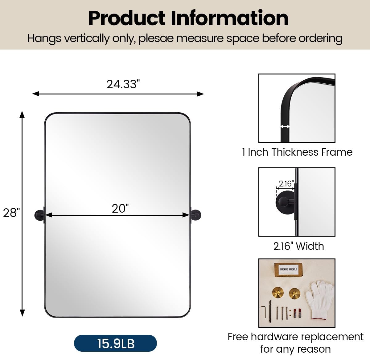 MOON MIRROR 20" x 28" Black Metal Framed Pivot Rectangle Bathroom Mirror, Tilting Rounded Rectangular Vanity Mirror for Wall Mounted Hangs Vertical only
