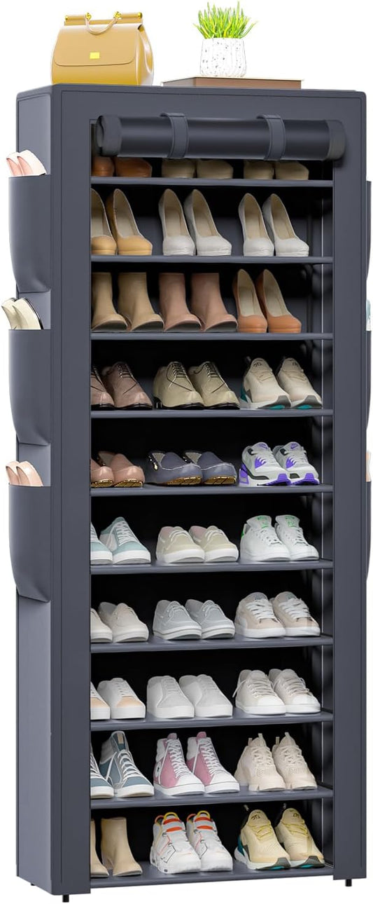 Shoes Rack 10 Tier Tall Shoe Rack with Storage Pockets, Fabric Covered Shoe Racks,Metal Shoes Rack Organizer for Closets,Bedroom, Garage