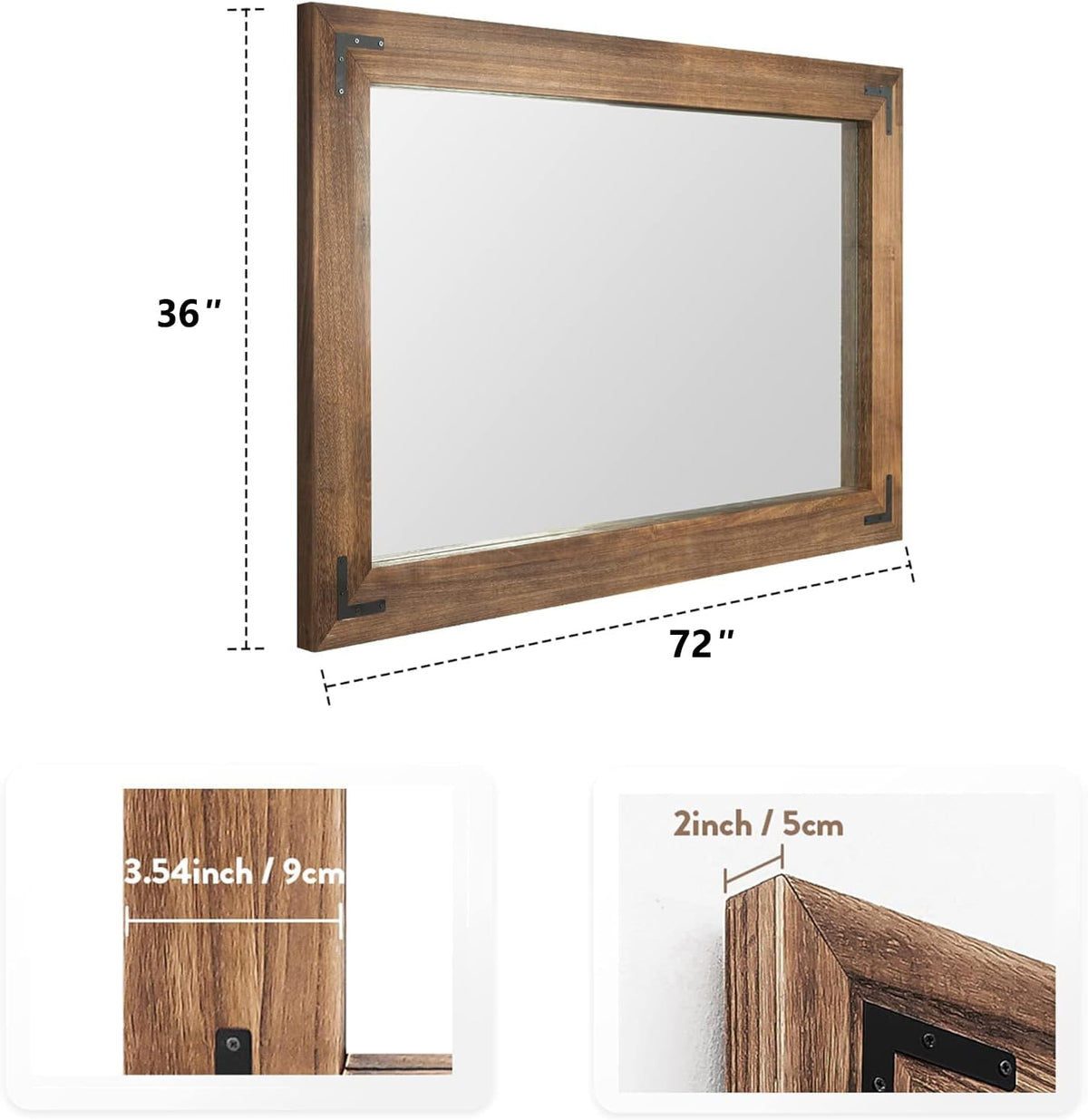 YOSHOOT Rustic Wooden Framed Wall Mirror, Natural Wood Bathroom Vanity Mirror for Farmhouse Decor, Vertical or Horizontal Hanging, 72" x 36", Brown