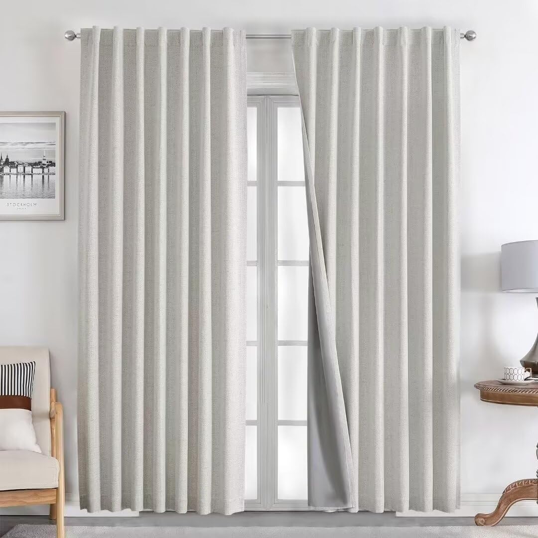 Joydeco Natural Linen Curtains 90 inch Length 2 Panels Set Burg 100% Blackout Patio Door Curtain Room Darkening Sliding Door Curtains Thermal Insulated Back tab Rod Pocket(105x90 inch, White)