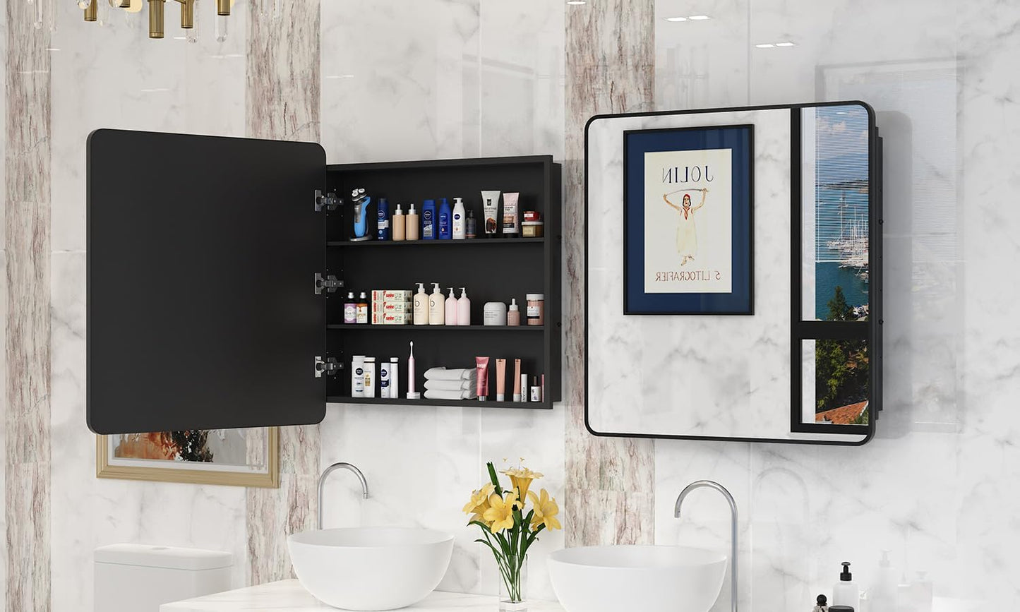 30x32 Inch Bathroom Medicine Cabinet with Mirror Black Metal Framed Mirror Cabinet Recessed or Surface Wall Mounted Medicine Cabinets for Bathroom