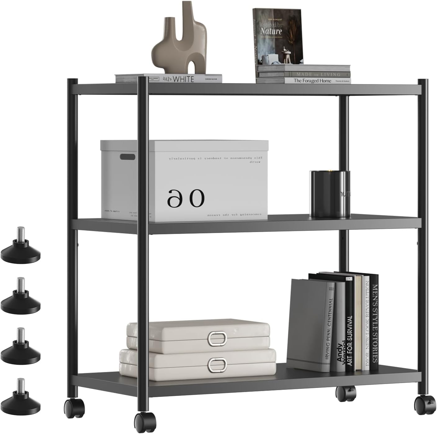 ZZL 3 Tier Small Bookshelf 31.49" Width,Metal Bookcase w/Wheels,Industrial Book Shelves for Home Office,Bedroom,School,Living Room(Black)