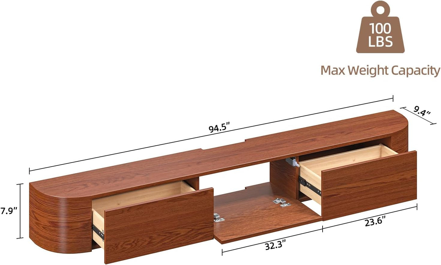 Fully Assembled Floating TV Stand with Drawers, 94IN Vintage Wall Mounted Entertainment Center, Minimalist Large Storage Console Under TV, Solid Wood Media Shelf for Living Room, Bedroom
