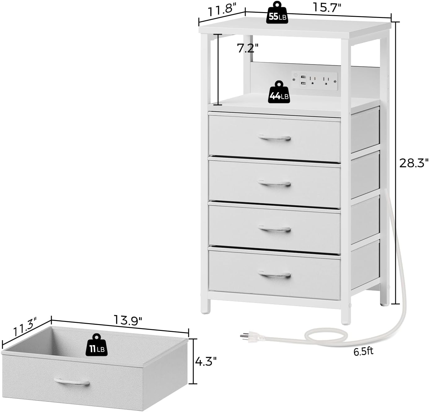 Seventable Night Stand with Charging Station, Tall Nightstand with 4 Fabric Storage Drawers, Side Table with LED Light for Bedroom, Entryway, White, Set of 2