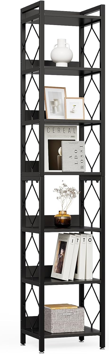 LITTLE TREE Corner Book Shelf, 7-Tier Tall Bookcase, 78" Display Shelves with Sturdy Metal Frame for Living Room, Modern Narrow Standing Bookshelves, Black Office Shelf for Small Spaces, Bedroom
