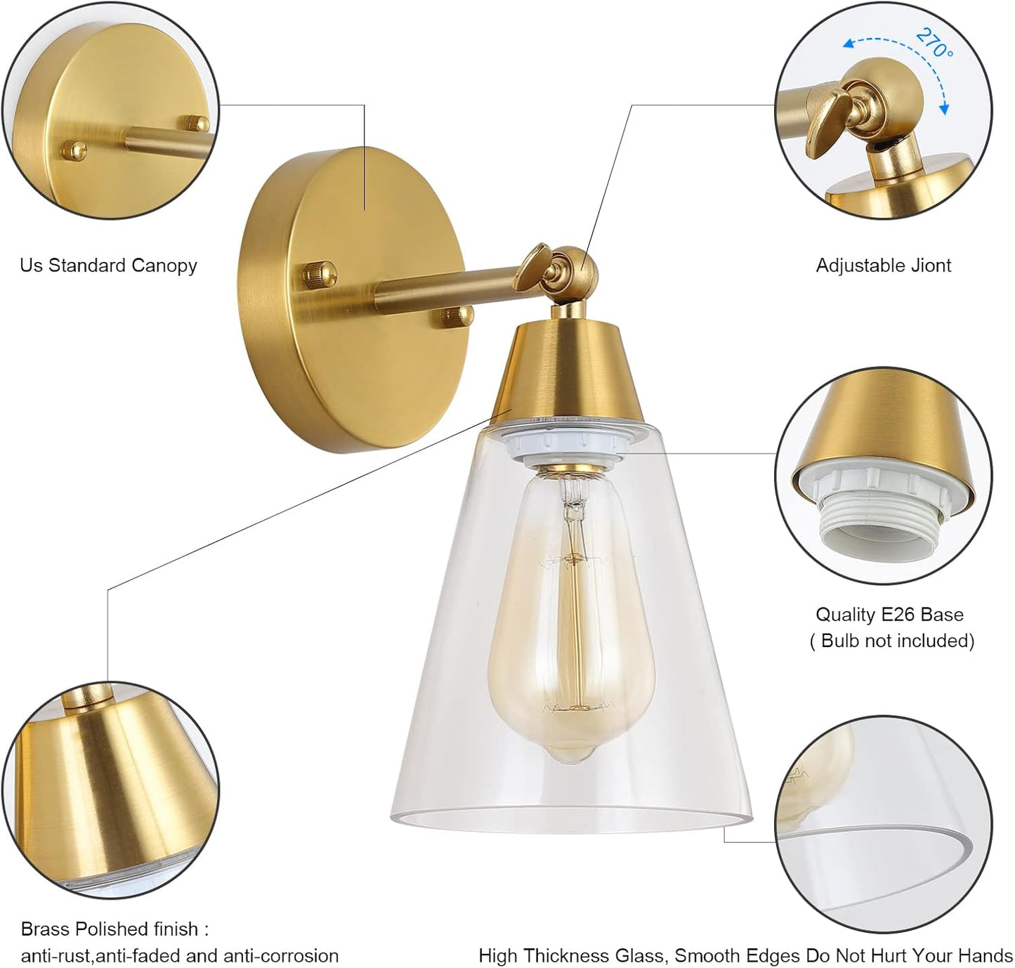 MWZ Gold Wall Sconce Set of 2,Modern Brushed Brass Sconces Lighting with Clear Glass Shade,Bathroom Light Fixtures Over Mirror,Vanity Lights Over Sink,Indoor Wall Mount Adjustable Angle Lamp