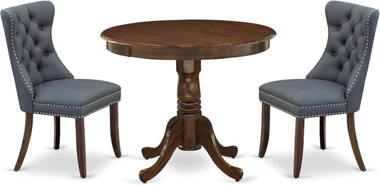 East West Furniture ANDA3-AWA-13 3 Piece Kitchen Table Set Includes a Round Dining Table with Pedestal and 2 Polyester Fabric Upholstered Parson Chairs, 36x36 Inch, Antique Walnut